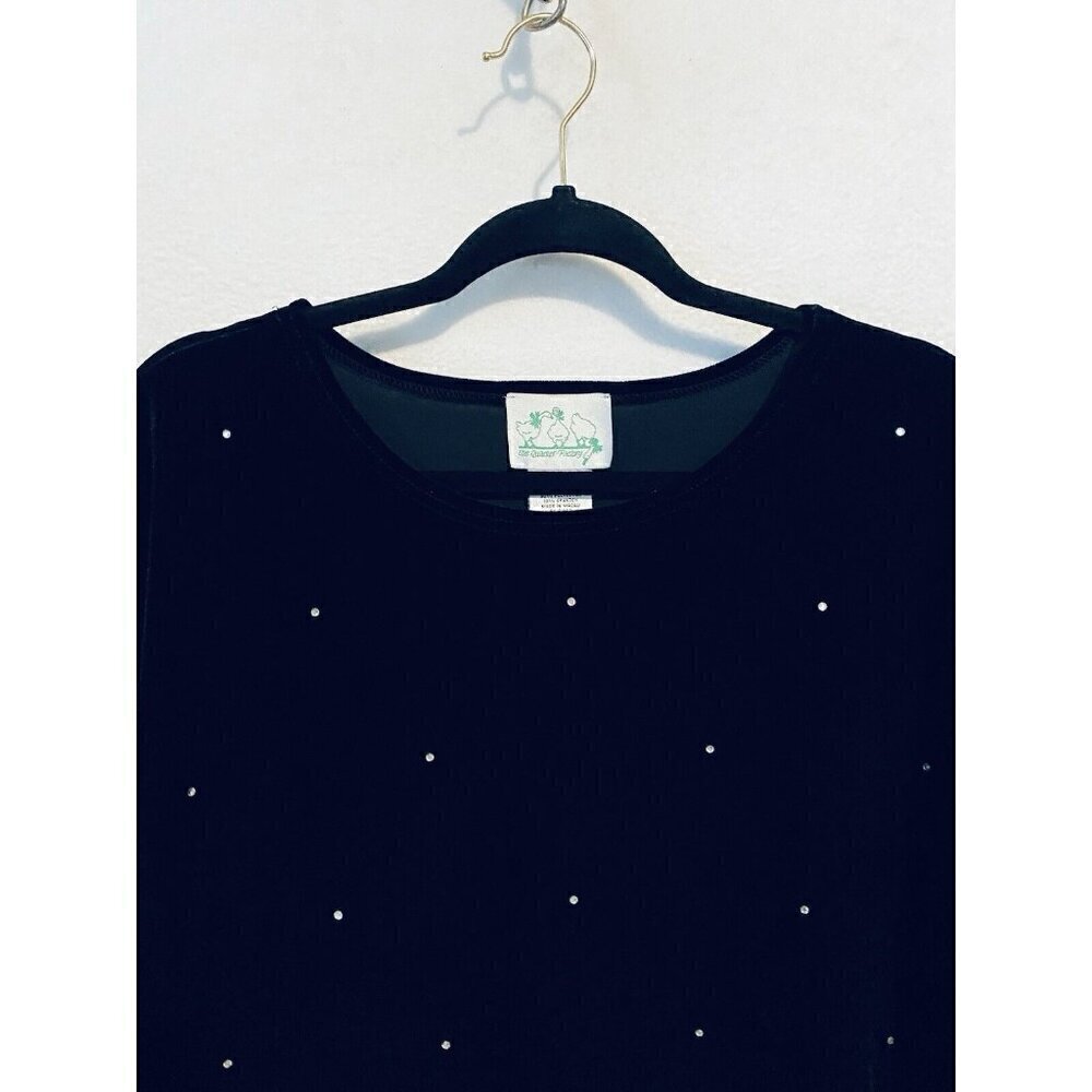 Quacker Factory Top Womens 1X Black Velvet Sparkle Rhinestone Short Sleeve - Picture 2 of 6